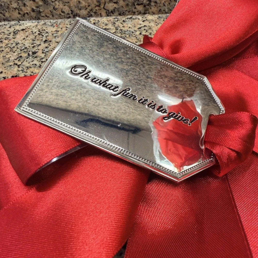 Neiman Marcus Red Satin Bow Bauble Medium Silver Tone Tag Christmas Gift Wrap
